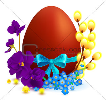 Easter holiday symbols colored egg, branch of willow, blue bow, flower of violet