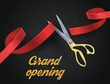 Grand opening illustration with red ribbon and gold scissors isolated on black.