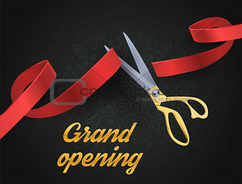 Grand opening illustration with red ribbon and gold scissors isolated on black.
