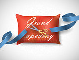 Grand opening card with blue ribbon, scissors on the pillow. Vector illustration
