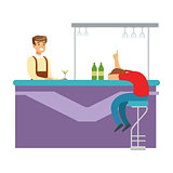 Drunken Man Asleep At The Bar Counter, Part Of People At The Night Club Series Of Vector Illustrations