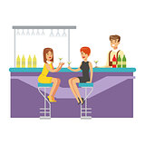 Two Girlfriends Drinking Cocktails At The Bar, Part Of People At The Night Club Series Of Vector Illustrations
