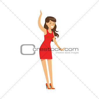 Girl In Red Dress Dancing Pretty On Dancefloor, Part Of People At The Night Club Series Of Vector Illustrations