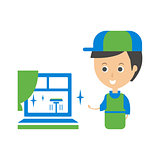Cleanup Service Worker And Clean Window, Cleaning Company Infographic Illustration