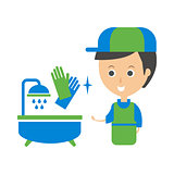 Cleanup Service Worker And Clean Bathroom Tub, Cleaning Company Infographic Illustration