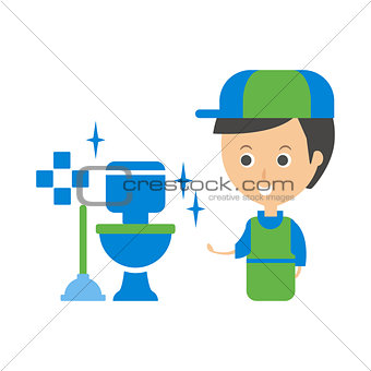 Cleanup Service Worker And Clean Toilet, Cleaning Company Infographic Illustration
