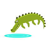 Crocodile Jumping In Small Pond Of Water, Cartoon Character And His Everyday Wild Animal Activity Illustration