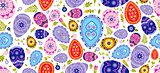 Seamless pattern Happy Easter background colored eggs, spring decoration, leave, tulip flower design element in flat style