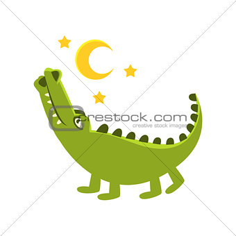 Romantic Crocodile Walking Under Night Sky, Cartoon Character And His Everyday Wild Animal Activity Illustration