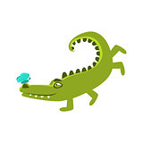 Crocodile Playing With Butterfly Sitting On Hos Nose, Cartoon Character And His Everyday Wild Animal Activity Illustration
