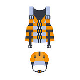 Blue And Orange Life Vest And Helmet, Part Of Boat And Water Sports Series Of Simple Flat Vector Illustrations
