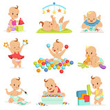 Adorable Girly Cartoon Babies Playing With Their Stuffed Toys And Development Tools Series Of Cute Happy Infants