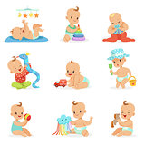 Adorable Girly Cartoon Babies Playing With Their Stuffed Toys And Development Tools Set Of Cute Happy Infants