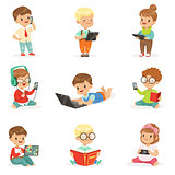 Small Kids Using Modern Gadgets And Reading Books, Childhood And Technology Set Of Cute Illustrations