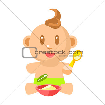 Small Happy Baby Boy In Green Nappy Eating Porridge With Spoon Vector Simple Illustrations With Cute Infant