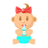 Small Happy Baby Girl Sitting Holding Milk Bottle Vector Simple Illustrations With Cute Infant