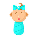 Small Happy Newborn Baby Girl Swaddled In Blue Diaper Vector Simple Illustrations With Cute Infant