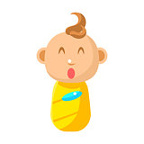 Small Happy Newborn Baby Swaddled In Yellow Diaper Vector Simple Illustrations With Cute Infant