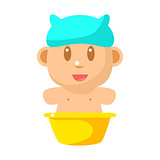 Small Happy Baby Taking Bath In Blue Bathing Hat Vector Simple Illustrations With Cute Infant