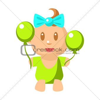 Small Happy Baby Girl In Green Onesie With Two Balloons Vector Simple Illustrations With Cute Infant