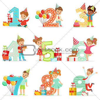 Little Children Birthday Celebration Set With Adorable Kids Standing Next To The Growing Digits Of Their Age