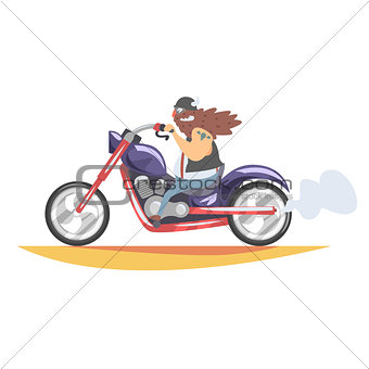 Outlaw Biker Club Member With Long Beard And Tattoo Riding Heavy Chopper In Leather Vest And Smiling