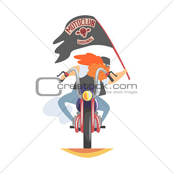 Outlaw Biker Club Member With Long Beard Approaching On Heavy Chopper In Leather Vest Smiling