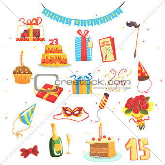 Happy Birthday Party Set Of Isolated Cute Cartoon Objects Related To Partying And Celebrating