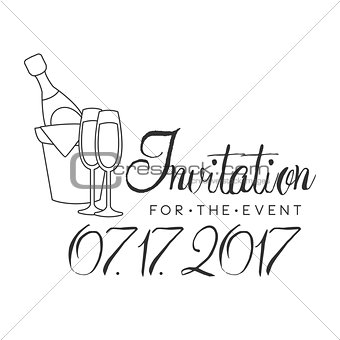 Party Black And White Invitation Card Design Template With Calligraphic Text And Champagne Bottle