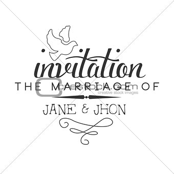 Marriage Black And White Invitation Card Design Template With Calligraphic Text With Dove