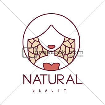Natural Beauty Salon Hand Drawn Cartoon Outlined Sign Design Template With Stylized Woman On Floral Background In Round Frame