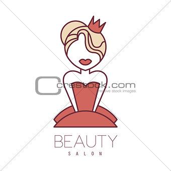 Natural Beauty Salon Hand Drawn Cartoon Outlined Sign Design Template With Princess In Red Dress