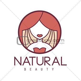 Natural Beauty Salon Hand Drawn Cartoon Outlined Sign Design Template With Portrait Of Woman Behind Red Curtain In Round Frame