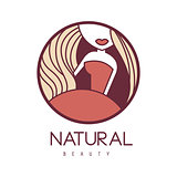 Natural Beauty Salon Hand Drawn Cartoon Outlined Sign Design Template With Woman In Red Dress Outfit Details In Round Frame