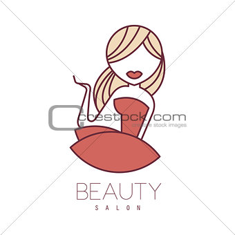 Natural Beauty Salon Hand Drawn Cartoon Outlined Sign Design Template With Blond Girl In Red Dress