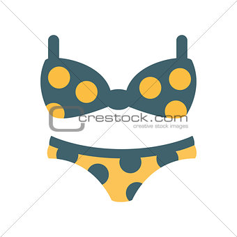 Bikini Female Swimsuit In Blue And Yellow With Polka-Dotted Pattern, Part Of Summer Beach Vacation Series Of Illustrations