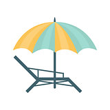 Metal Sunbed And Umbrella Of Blue And Yellow Colors, Part Of Summer Beach Vacation Series Of Illustrations
