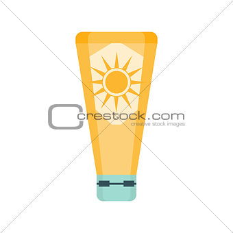 Sunscreen Cream Cosmetic Product In Yellow Bottle, Part Of Summer Beach Vacation Series Of Illustrations