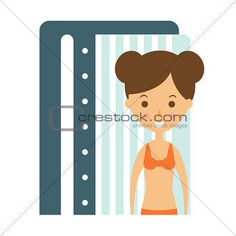 Woman Taking Tan In Solarium Cabin To Prepare For Sunbathing, Part Of Summer Beach Vacation Series Of Illustrations