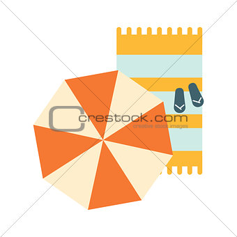 Set Of Blanket , Umbrella And Flip-Flops On The Sand, Part Of Summer Beach Vacation Series Of Illustrations