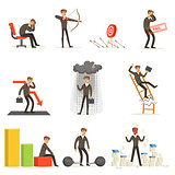 Business Fail And Manager Suffering Loss And Being In Debt Set Of Buncrupcy And Company Failure Vector Illustrations