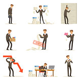 Business Fail And Manager Suffering Loss And Being In Debt Set Of Bankruptcy And Company Failure Vector Illustrations