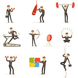 Businessman Working Out In Gym, Metaphor Of Business Preparation Training Set Of Illustrations