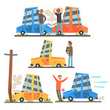 Car Road Accident Resulting In Transportation Damage Set Of Stylized Cartoon Illustrations