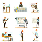 Architect Profession Set Of Vector Illustrations With Architects Designing Projects And Blueprints For Building Construction