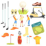 Three Golfers Playing Golf Surrounded By Sport Equipment And Game Attributes Cartoon Vector Illustration.