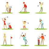 People Playing Golf On Grass, Striking The Ball With Club Set Of Smiling Characters Enjoying Gulf Game Outside In Summer