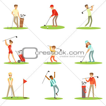 People Playing Golf On Grass, Striking The Ball With Club Set Of Smiling Characters Enjoying Gulf Game Outside In Summer