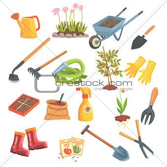 Gardeners Equipment Set Of Objects Needed For Gardening And Farming Isolated Vector Illustrations