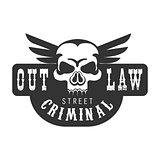 Criminal Outlaw Street Club Black And White Sign Design Template With Text And Winged Scull